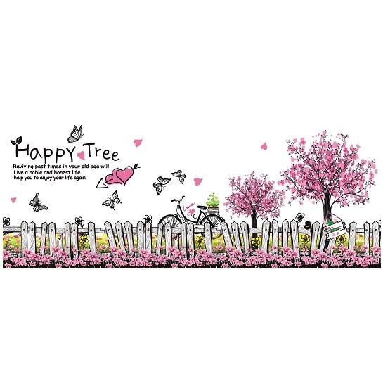 ウォールステッカー 幸せの木 自転車と庭風景 壁に貼る シール 可愛い ピンク ハート 蝶 足下 送...