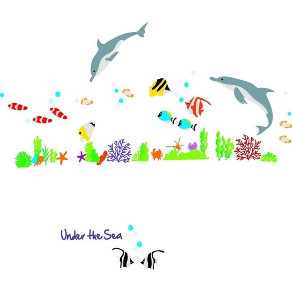 ウォールステッカー イルカと熱帯魚 まるで水族館 可愛い ドルフィン 海の動物 送料無料 壁シール