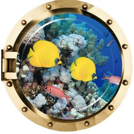 ウォールステッカー 潜水艦窓から 熱帯魚 珊瑚礁 3D 壁シール 鮮やかな 模様 魚鑑賞 送料無料