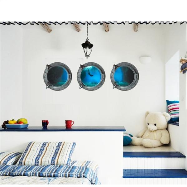 ウォールステッカー 潜水艦窓 海底 ダイバー 3D 壁シール きれいな 青色 深海 室内 賃貸部屋 ...