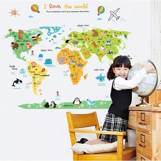 ウォールステッカー 動物 世界地図 壁シール カラーワールドマップ 気球 世界一周旅行 送料無料