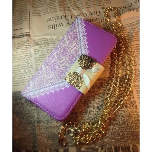 iPhone5 5s 手帳ケース リボン柄 紫色 パープル チェーン付き 財布型 アイフォン 送料無...