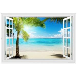 ウォールステッカー 窓 ヤシの木とビーチの風景 水平線 壁シール 南の島 海 リゾート気分 送料無料