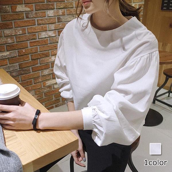 ブラウス レディース 異素材  トップス ボリューム袖 七分袖 長袖 バルーン パフスリーブ おしゃ...