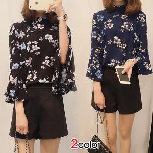 レディース フレアスリーブチュニック 花柄 トップス シフォ...