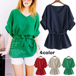 リボン付きドルマンスリーブチュニック  Vネックブラウス 大きいサイズ シンプル 体型カバー レディース送料無料  　