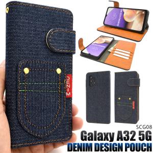 Galaxy A32 5G  ケース 手帳型 ブラックデニム調 ジーンズデザイン ギャラクシーA32 SCG08 スマホケース おしゃれ
