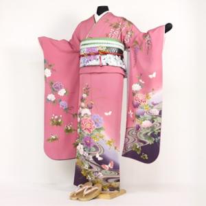 【振袖7点セット】ピンクにお花♡所々刺繍の華やかな振袖 振袖 レンタル セット 20点フルセット「紫地にピンクぼかし刺繍入り赤