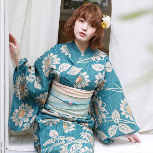 浴衣 レディース セット レトロ 高級変わり織り綿麻浴衣3点セット「水色地にひまわり」