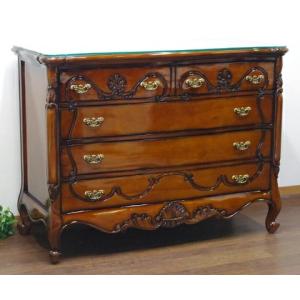 チェスト 木製 6段 完成品 茶 112cm 象嵌 ロココ調 イタリア 家具 猫脚