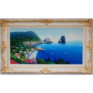 イタリア輸入　アイボリーゴールド色額縁　カプリの風景画　カプリの風景油絵　カプリの風景油彩