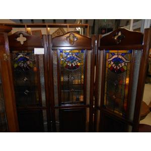 特価！アンティーク調英国調オールドブリテン調ブラウンウッドステンドグラスパーティションブラウンウッドステンドグラススクリーン衝立