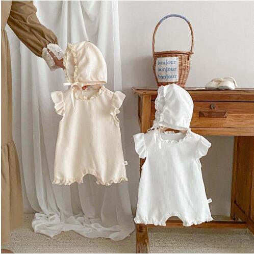 ロンパース ワッフルロンパース ベビー 帽子 ボンネット 赤ちゃん 新生児 ベビー服 子供服 セレモ...