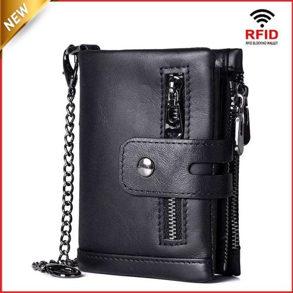 【値下げ】財布 メンズ 二つ折り 大容量  牛革 コンパクト チェーン付 RFID対応 ダブルファス...