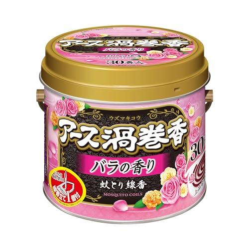 アース渦巻香 蚊取り線香 バラの香り アロマ 30巻缶入 線香立て付き 蚊 駆除 忌避 長時間 屋内...
