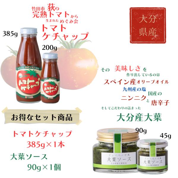 めぐみ会のトマトケチャップ 385g ＆田中醤油店のジェノベーゼ風大葉ソース90ｇ　お得セット