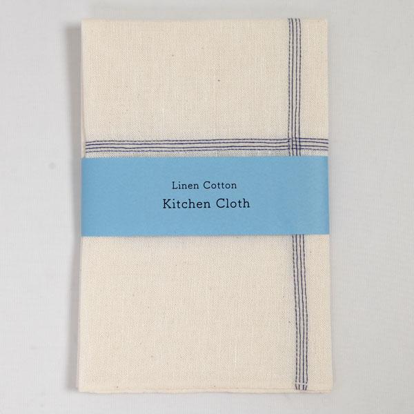 リネンコットン キッチンクロス 紺 倉敷意匠計画室 メール便 綿麻生地 ディッシュクロス 紺ライン