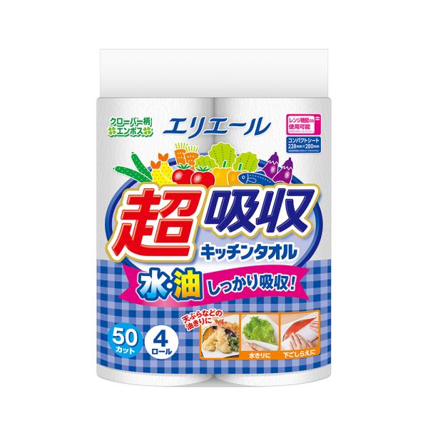 大王製紙 エリエール 超吸収キッチンタオル パルプ100％ 50カット 4ロール入り X12パック
