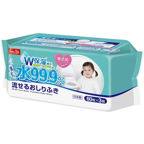 レック 日本製 流せるおしりふき 無添加 W保湿 水99.9％ 60枚 3個入りX4パック