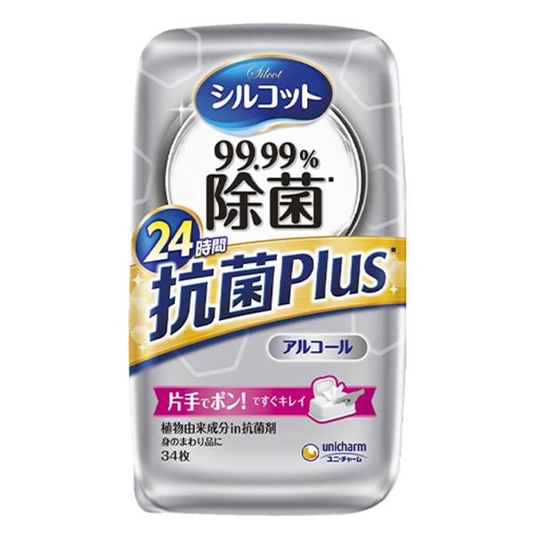 ユニ・チャーム シルコット 抗菌Plus アルコールタイプ 無香料 本体 34枚入り X4箱 爆買