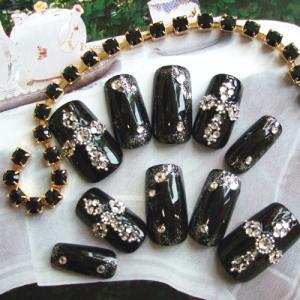 オーダー ネイルチップ ショート ジェル ブラック 3D パープル バラ