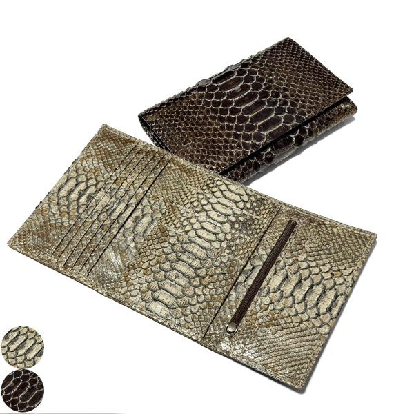三つ折り財布 長財布 薄型 マチなし ファスナー収納 本革 パイソン革 ヘビ革 蛇革 python ...