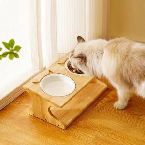 ペット食器台 犬 食器 猫 餌 フードスタンド 猫 陶器皿付き 食べやすい 傾斜 食器台 ご飯 台 猫エサ入れ おしゃれ かわいい 竹製 食器テーブル｜nakamurasyoten
