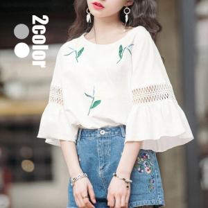 レディース きれいめ ブラウス 春夏 new 30代 五分袖 フレア袖 シフォンブラウス カジュアルブラウス 可愛い おしゃれ 韓国風 通勤 2色｜nakanoshokai