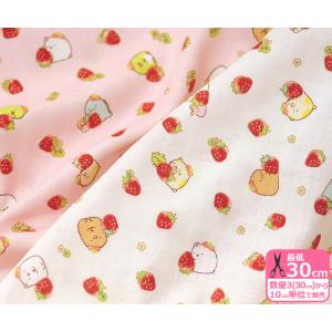 すみっコぐらし すみっコとイチゴ ダブルガーゼ 苺に抱き着くかわいいすみっコたち キャラクター生地 布 G-3471-1 数量3(30cm)から10cm単位