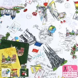Memories of the trip シャーティング フランス スペイン シッチェス 国旗 シャーティング生地 プリント生地 YUWA 生地 布 YO824961 数量3(30cm)から10cm単位