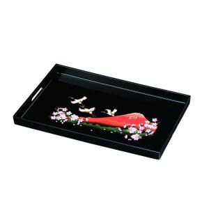 紀州漆器 15.0長手盆 黒 一富士二鶴三桜 45cm お盆 トレー 伝統工芸 運び盆 日本製 叙勲祝｜nakatune