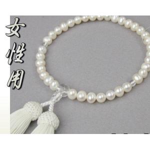 数珠 女性用 淡水真珠白 本水晶 仕立 8mm玉 正絹頭付房 白 細桐箱入 送料無料 略式数珠 片手...