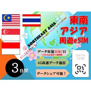 東南アジア4ヶ国 eSIM プリペイドSIM SIMカード マレーシア シンガポール インドネシア タイ 1日3GB利用 3日間 4G LTE データ通信 テザリング可能
