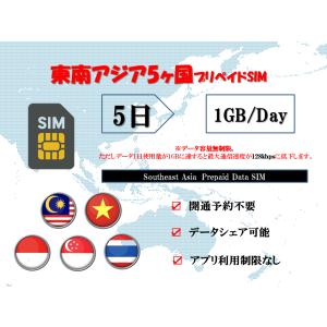 東南アジアSIM 東南アジア 5ヵ国周遊SIM プリペイドSIM SIMカード データ通信SIM 1日1GB 5日プラン 4G LTE データ専用 海外出張 海外旅行 短期渡航｜nalatino