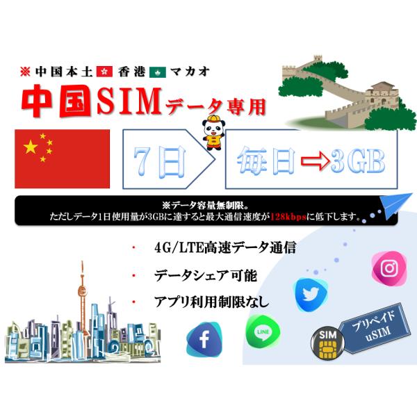 中国プリペイドSIM 香港/マカオ含む データ容量1日/3GB 7日プラン 4G/LTE対応 データ...