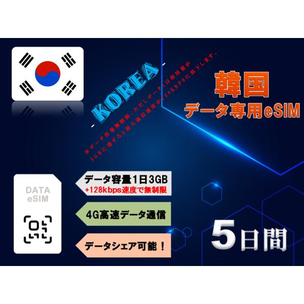 韓国 eSIM プリペイドSIM SIMカード 1日3GB利用 5日間 4G LTE データ通信のみ...