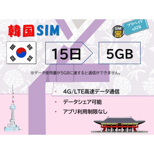 韓国プリペイドSIM 韓国SIM データ容量5GB 15日プラン 4G/LTE対応 データ専用 SI...