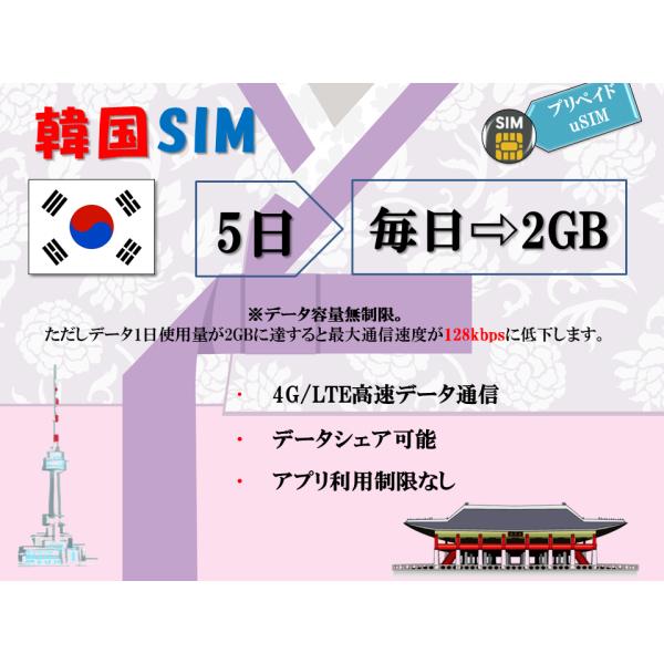 韓国プリペイドSIM 韓国SIM データ容量1日/2GB 5日プラン 4G/LTE対応 データ専用 ...