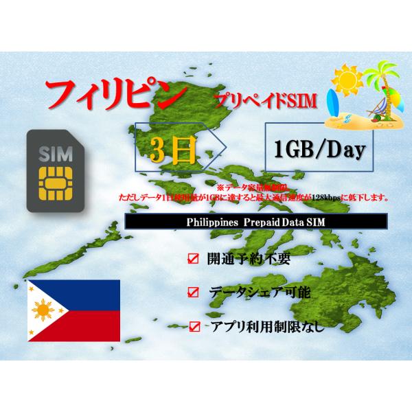 フィリピンSIM プリペイドSIM SIMカード データ容量1日/1GB 3日プラン 4G/LTE対...