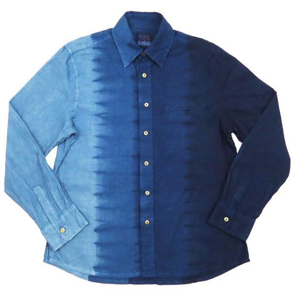 琉球藍染 長袖シャツカラー かりゆしウェア 縦段染め 男女兼用