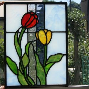 ステンドグラス アンティーク調パネル　ローズガラス使用 ステンドグラスアンティーク調ローズのサンキャッチャーパネル