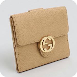 中古 グッチ 二つ折り財布 二折財布 コンパクト レディース ブランド GUCCI インターロッキングG Wホック レザー 615525 ベージュ