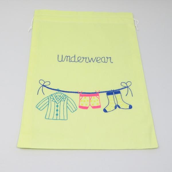 巾着袋　かわいい刺繍入　ベトナム雑貨　イエロー　デザイン１　Underwear　タイプ３