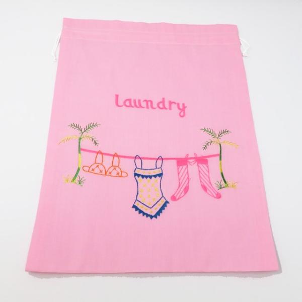 巾着袋　かわいい刺繍入　ベトナム雑貨　ピンク　デザイン４　laundry　タイプ３