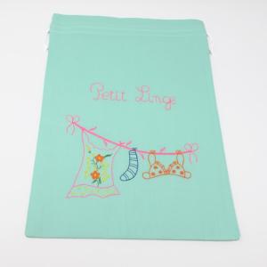 巾着袋　かわいい刺繍入　ベトナム雑貨　ライトグリーン　PetitLinge　タイプ６｜nanas