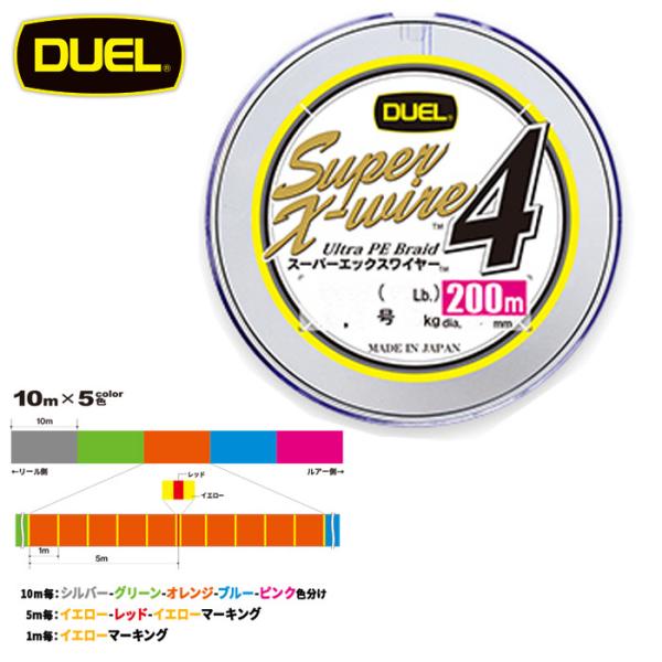 DUEL スーパーXワイヤー4 5色イエローマーキング 0.8号 200m
