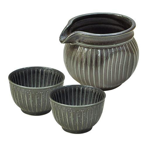 てまひま工房 SOGI ぐいのみ/徳利 3点セット 削ぎ目が個性的な陶器の酒器セット 黒 取り寄せ商...