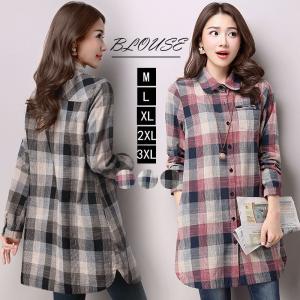 シャツ ブラウス レディース チェック 40代 長袖 トップス 春 ロングシャツ トップス 体型カバー ゆったり 大きいサイズ 赤 緑 コーヒー カジュアル