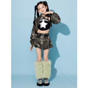 迷彩柄 迷彩スカート 迷彩トップス ダンス 衣装 キッズ へそ出し トップス 女の子 セットアップ タンクトップ ジャズダンス 韓国 k-pop