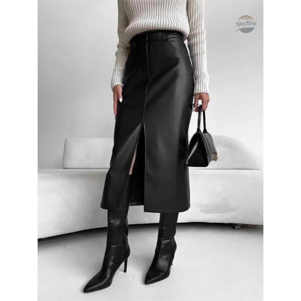 並行輸入品 レザースカート ハイウエスト レディース フロントスリット スプリング秋 カスタムパーツ...
